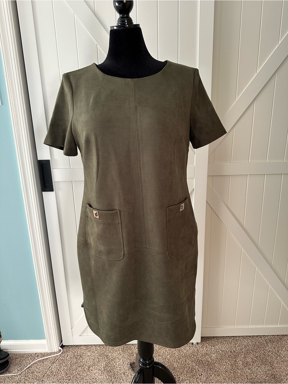 Tommy Hilfiger Olive Faux Suede Shift Dress Size 16 Pockets Short Sleeve